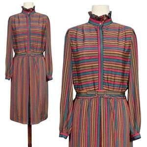 1980s Vintage Dress Belt Set Medium Large 80s Midi Blouson Long Sleeves Stripes